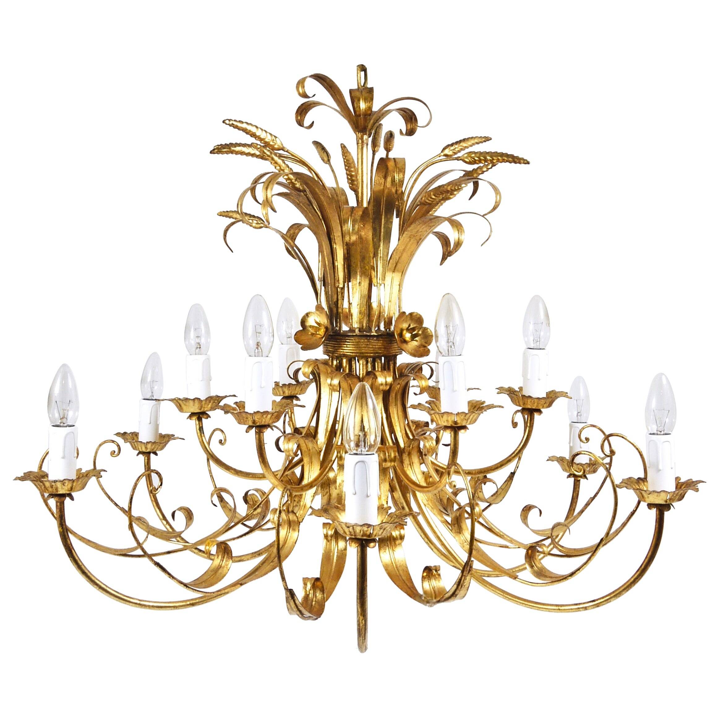Hans Kögl XL Hollywood Regency golden wheat floral bouquet in iron, 1970s