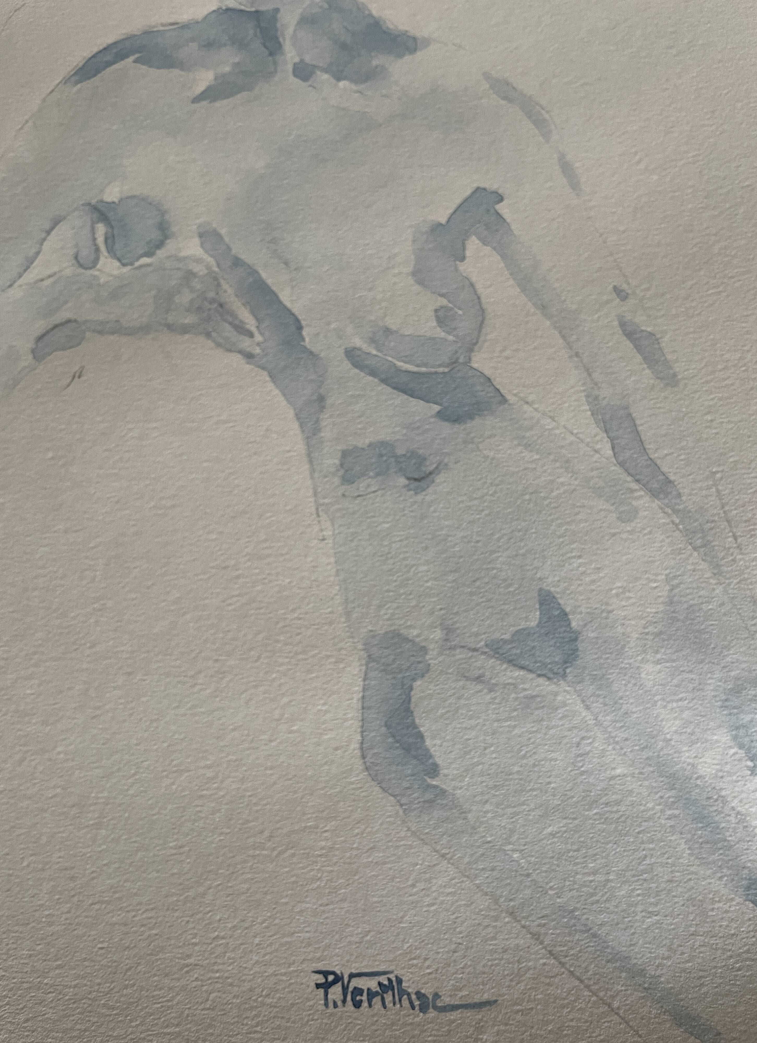 Painting signed monochrome blue black watercolor “seated woman”