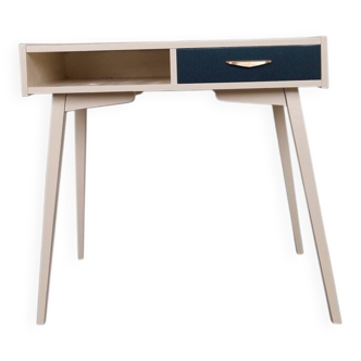 Mid-Century desk/console in dark blue and beige painted wood – Hungarian design from the 1960s.