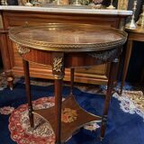 Bouillotte table pedestal table with marquetry decoration and bronze ornaments in the Louis style