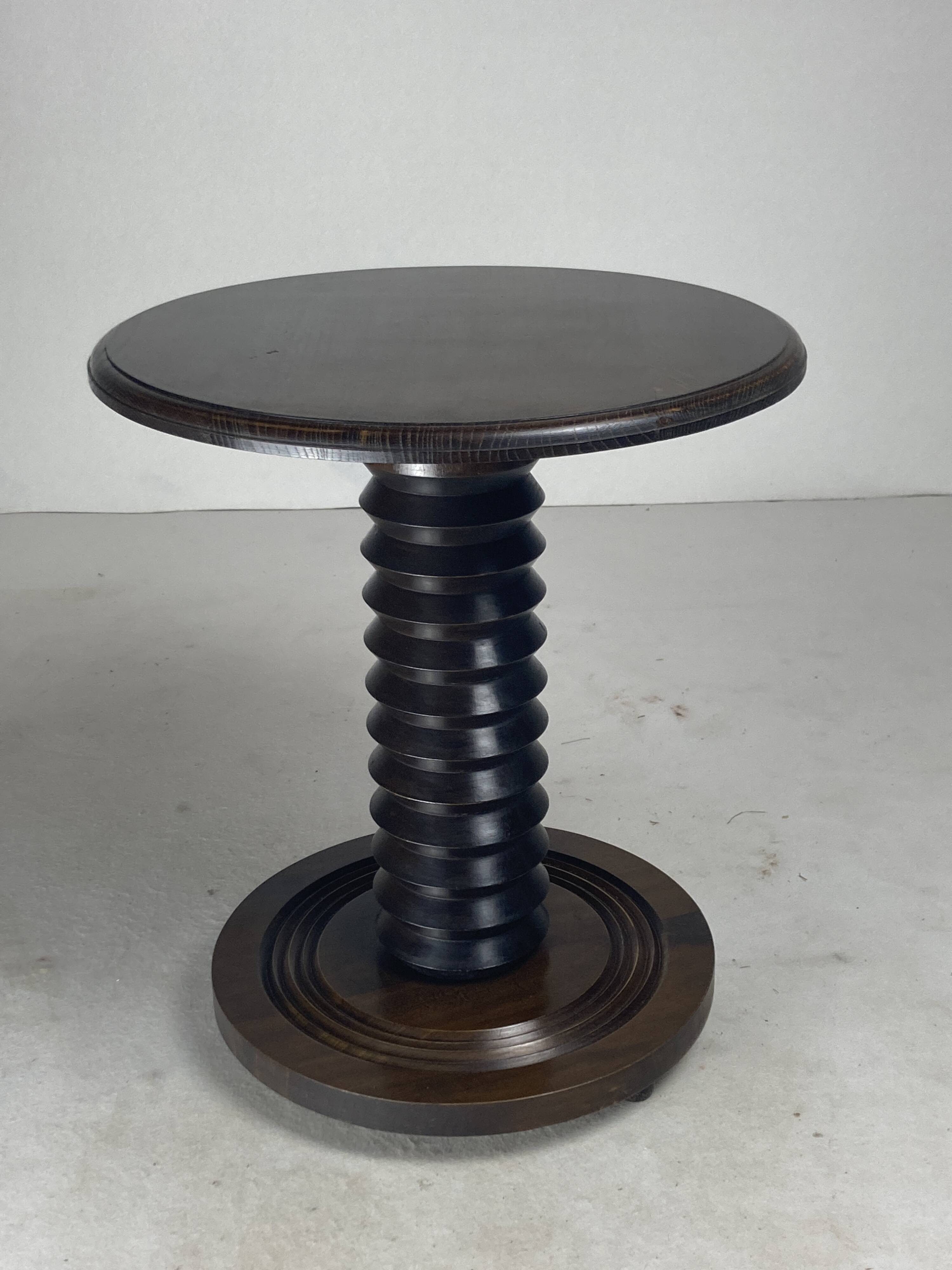 French brutalist wood turned side table in the style of Charles Dudouyt