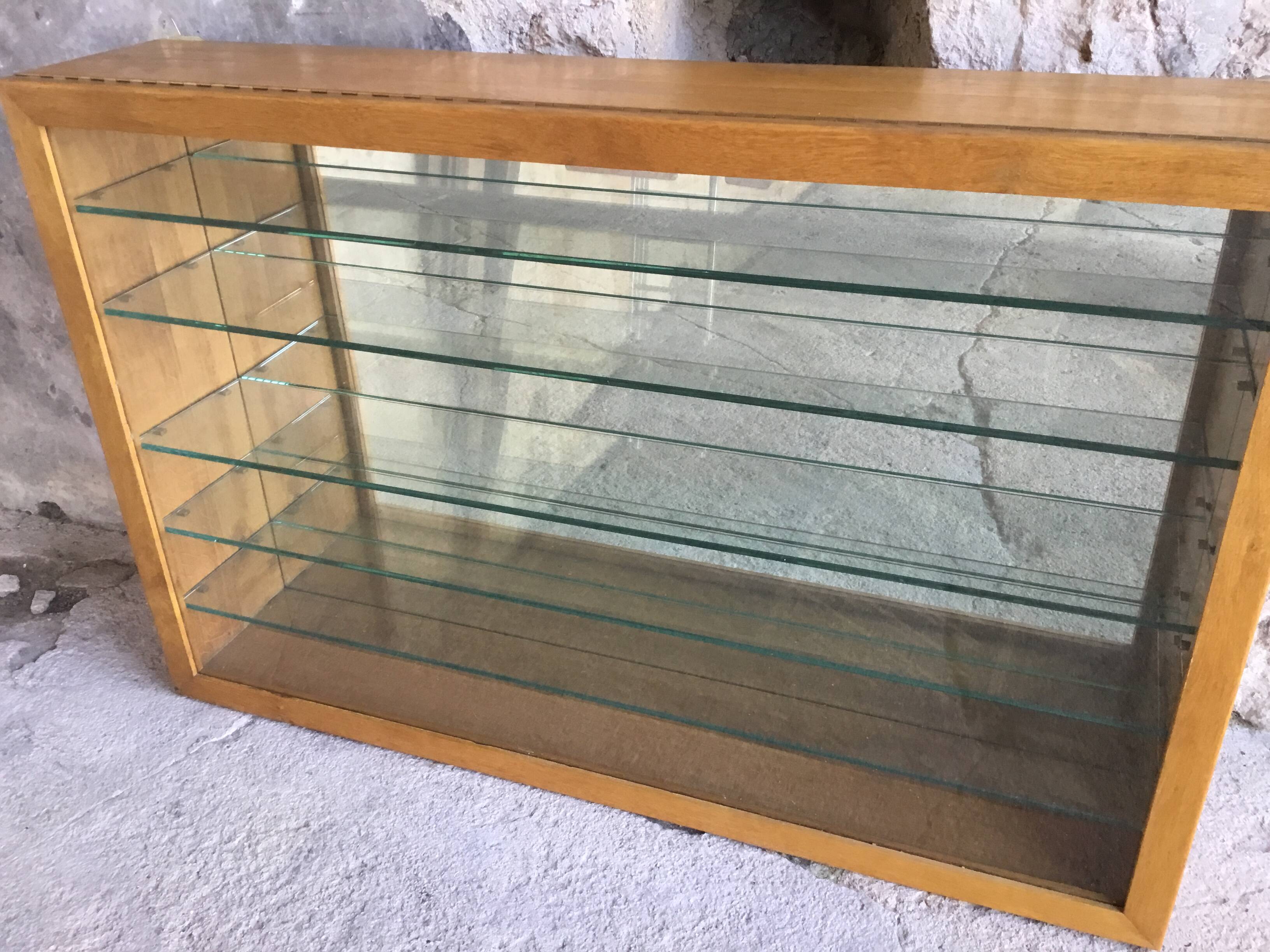 Large pharmacy wall display case in light oak - vintage 1960
