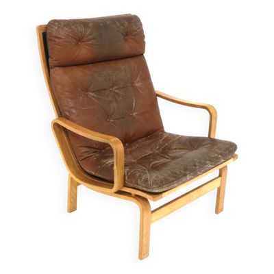 Fauteuil scandinave en cuir, Karl-Erik Ekselius, JOC Vetlanda, Suède, 1960