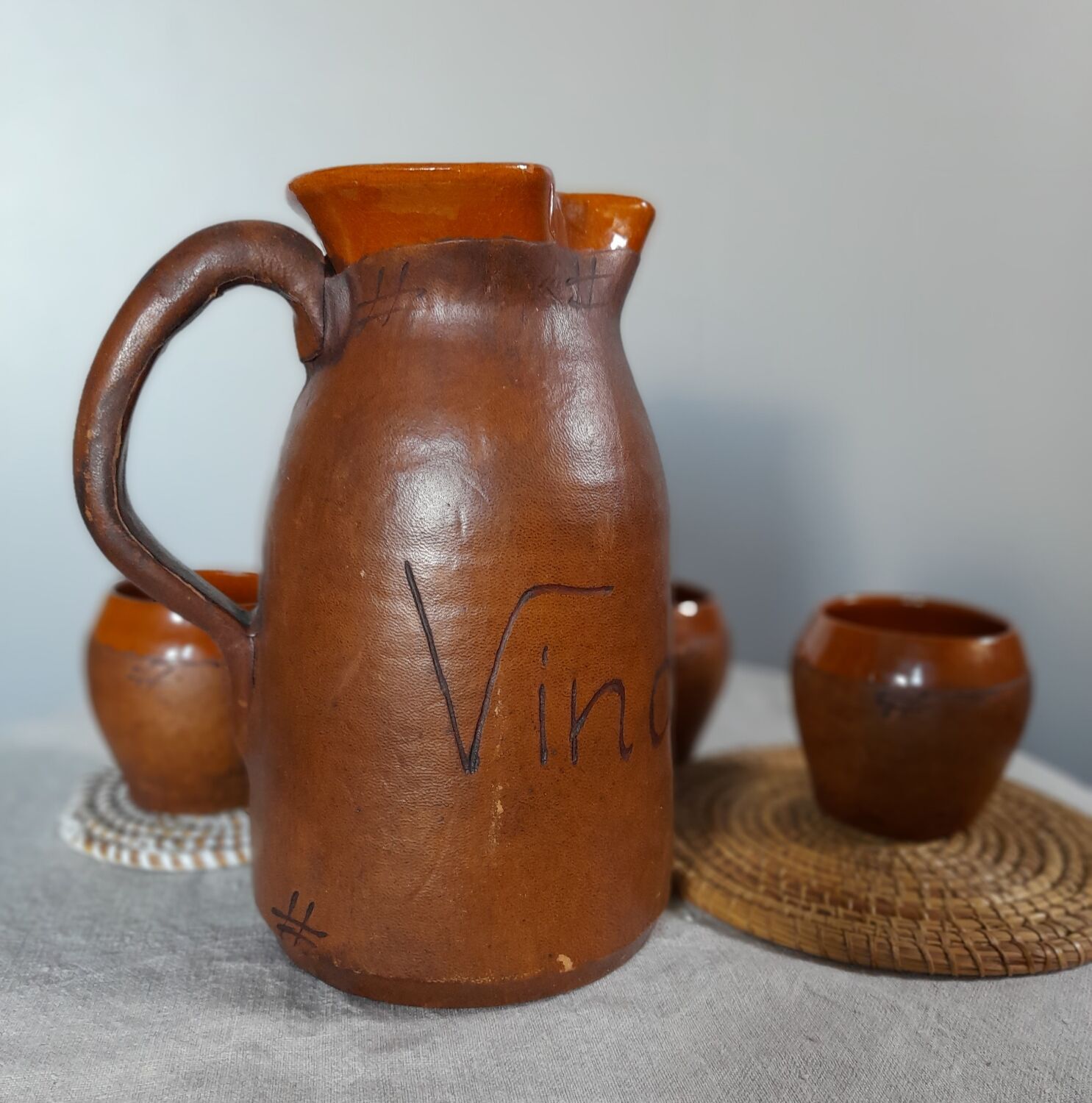 Pitcher & ceramic and leather glass set by Artesania Raymon, Spain 1950
