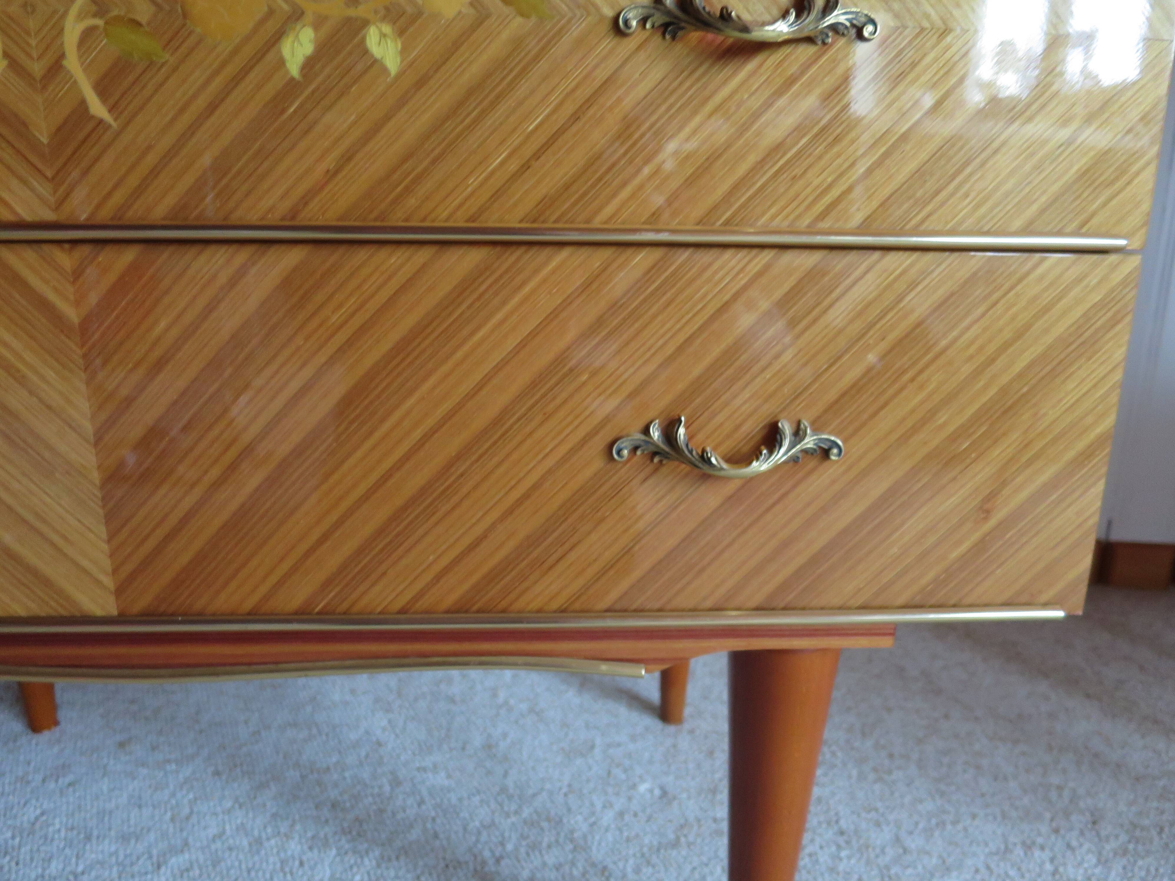3-drawer chest of drawers - 60s - vintage - marquetry effect - spinning top feet