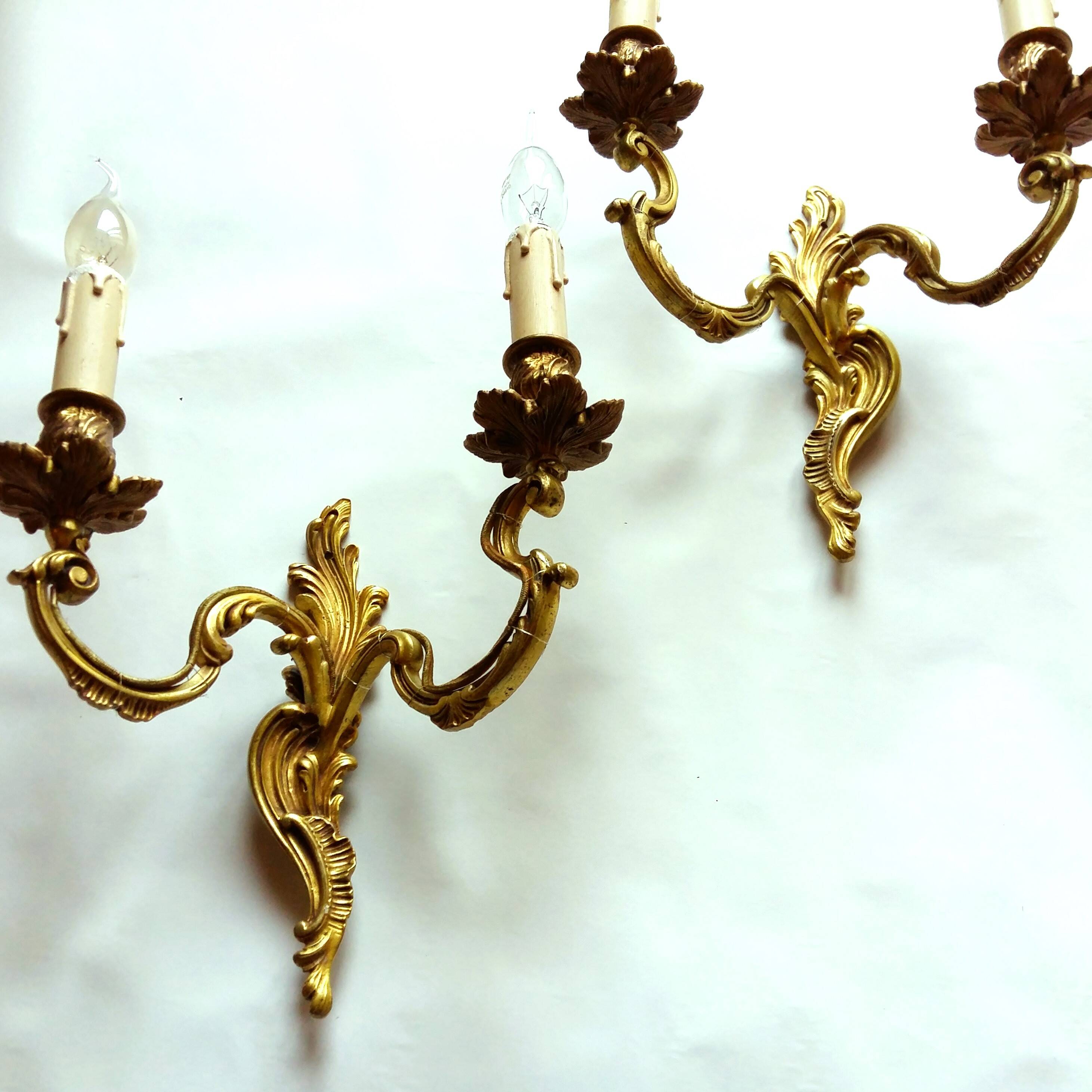 Pair of Heavy, French, Gold Bronze 2 Arm Wall Lights. Ornate Rococo/ Baroque/ Louis XV Style Sconces