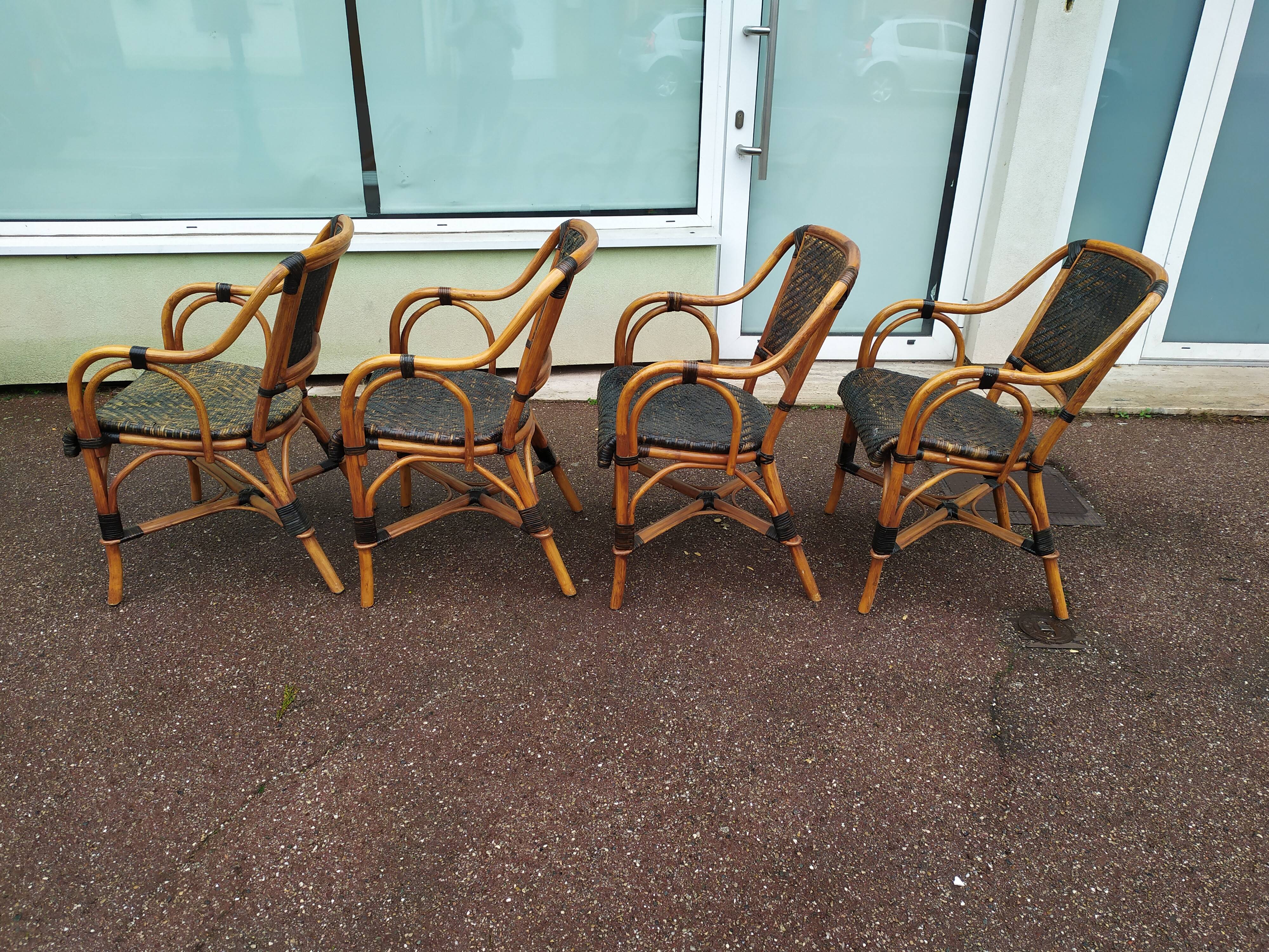 4 Fauteuil Boho chic 2 tons en Rotin, café bistro Vintage