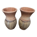 2 stoneware and bamboo pots