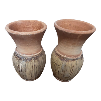 2 stoneware and bamboo pots
