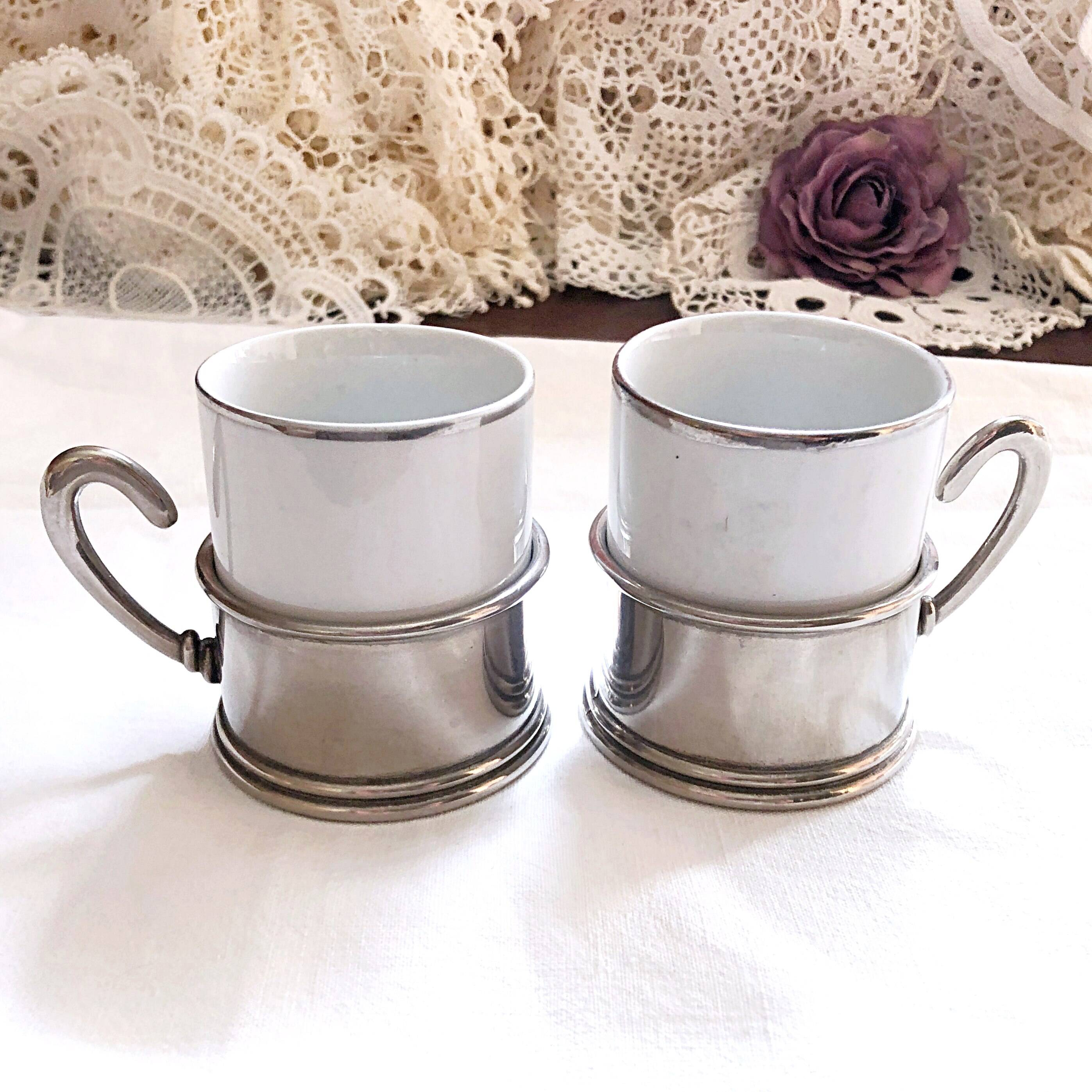 Duo Italian Porcelain Cups with Vintage Monopoly Pewter Holder