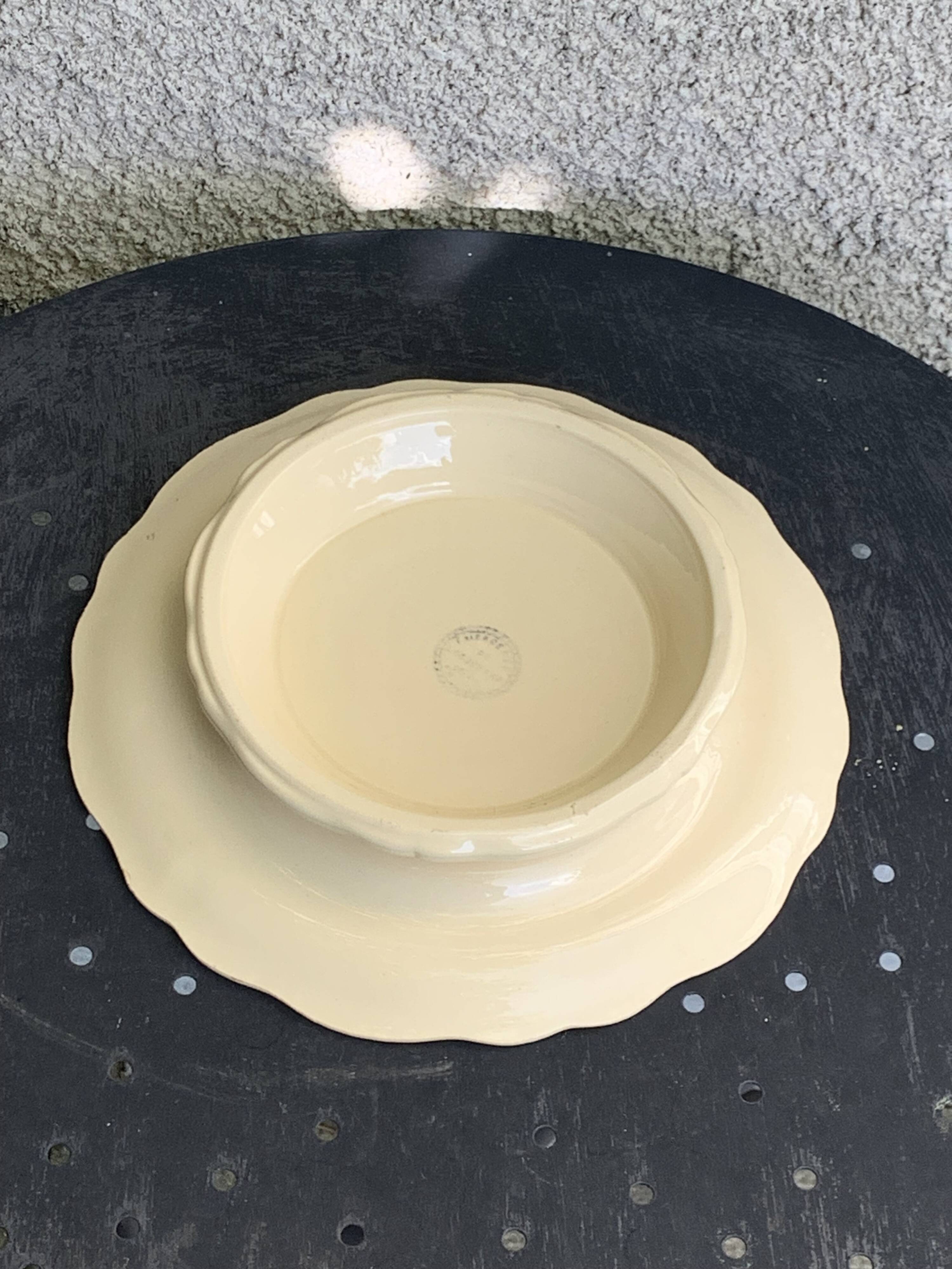 Compotier, earthenware from Longchamp France, enameled ceramic, slip, ecru, old