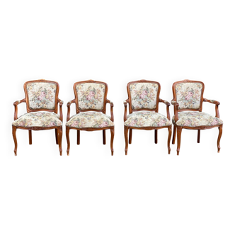 4 fauteuils Louis XV bois massif rembourrés tissu beige fleuri
