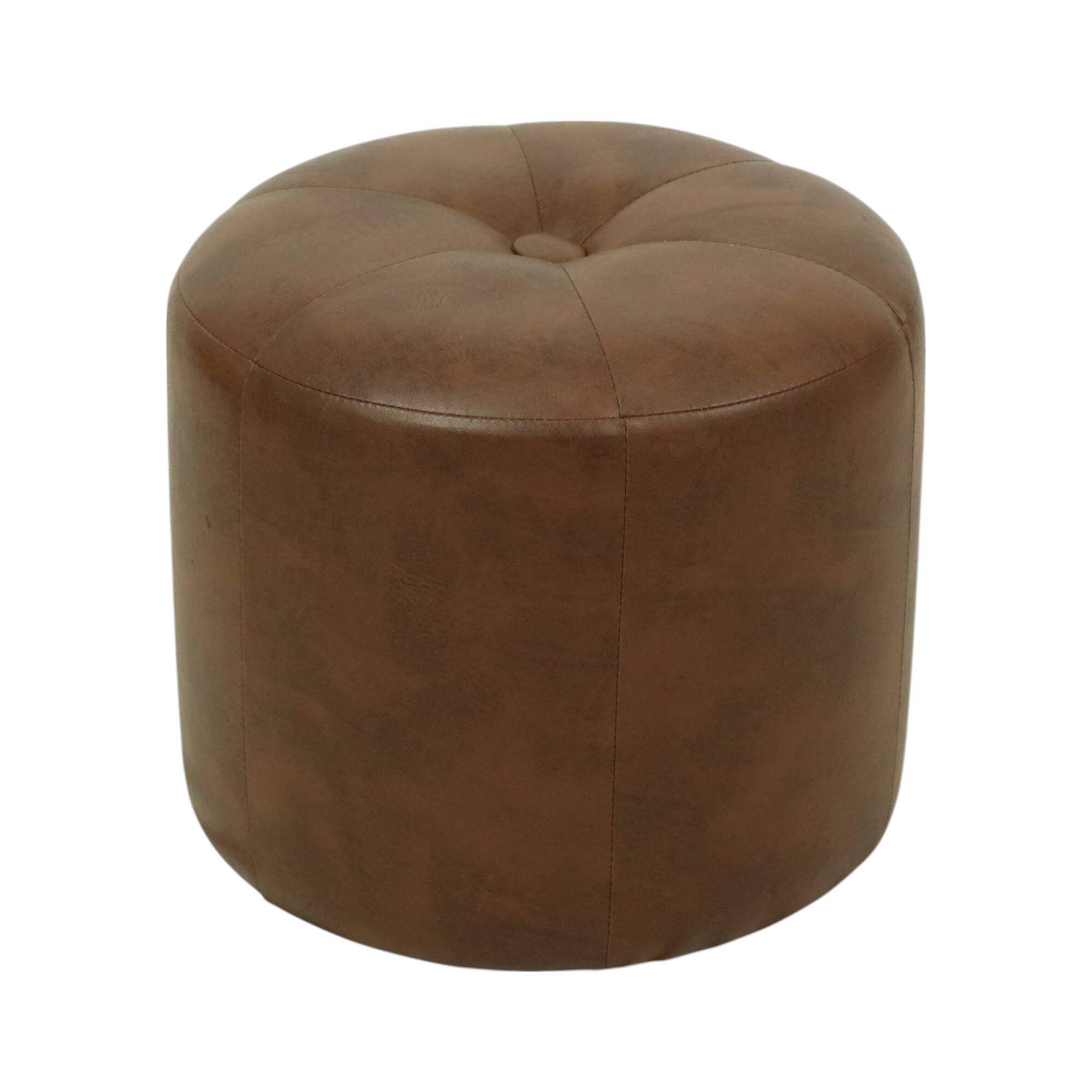 Pouf rond vintage en bois et cuir skaï marron patchwork années 60