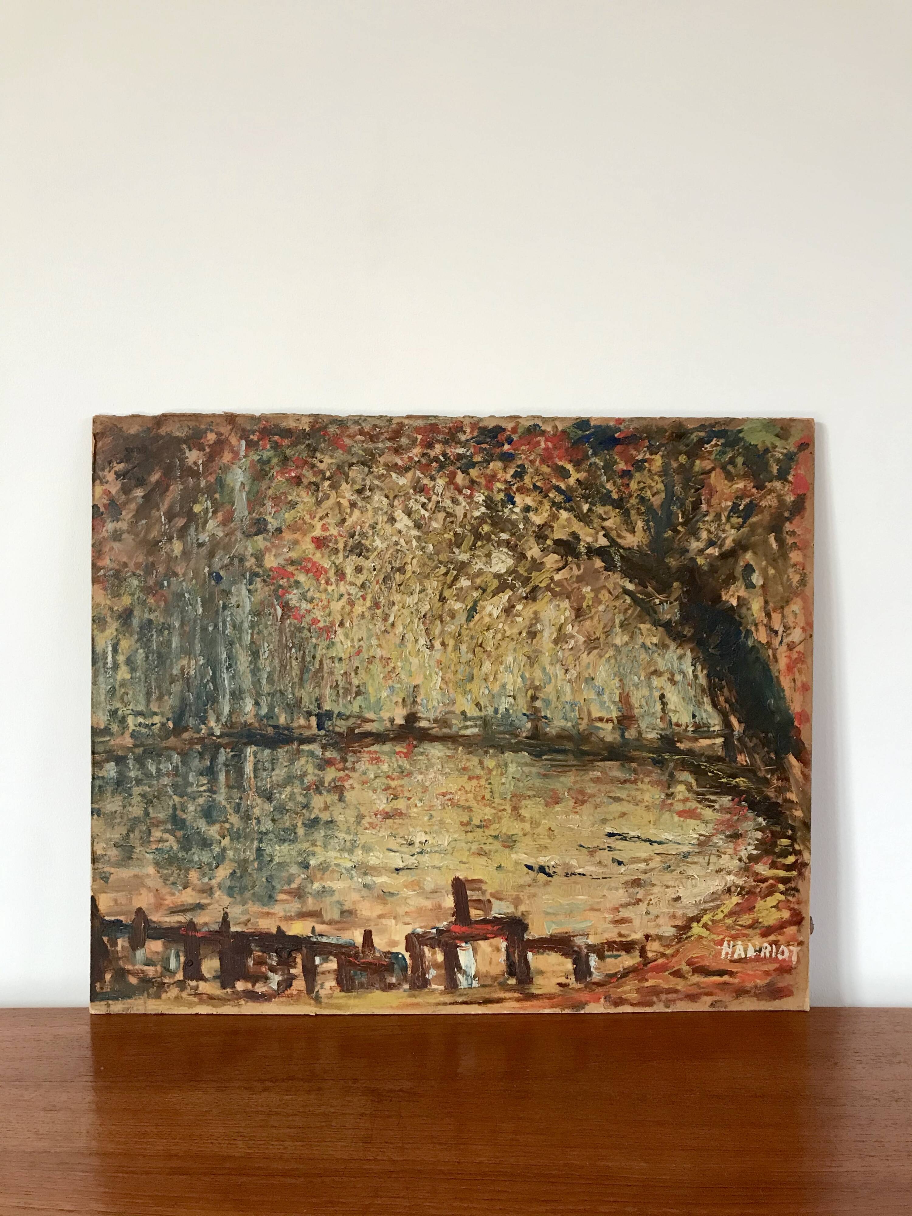 oil on pointillism landscape panel signed Hanriot 20th century