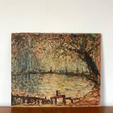 oil on pointillism landscape panel signed Hanriot 20th century