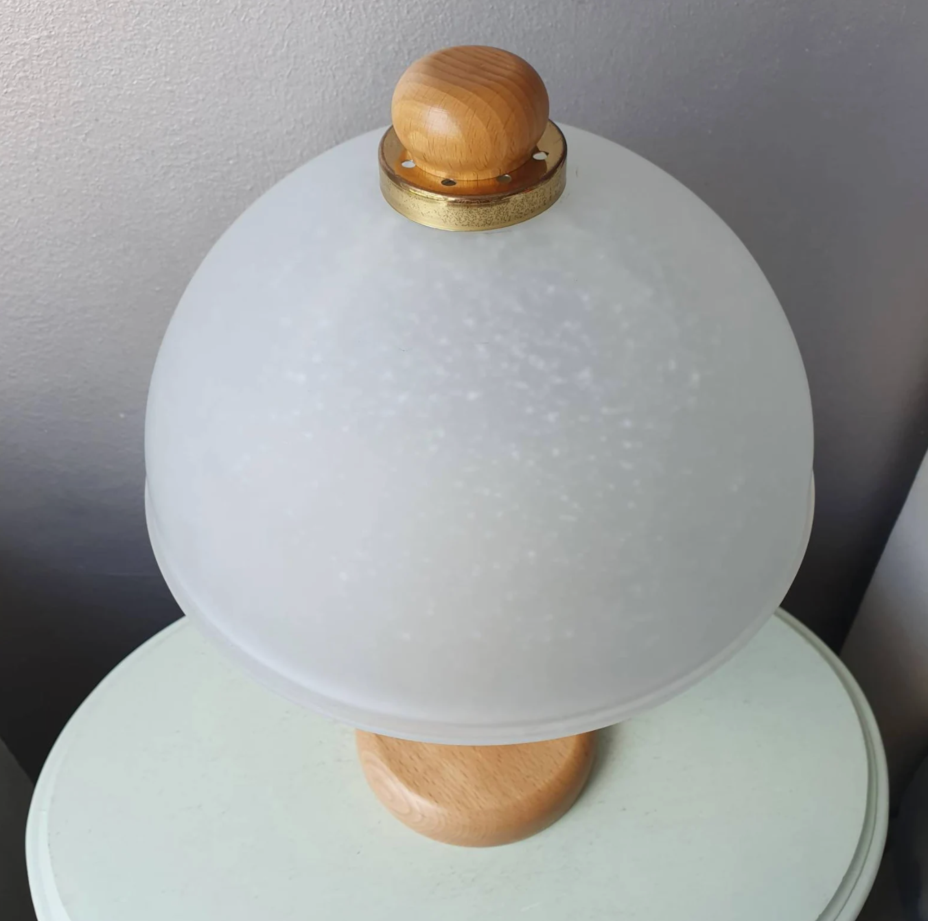 Vintage wooden table lamp with glass lampshade, 80s