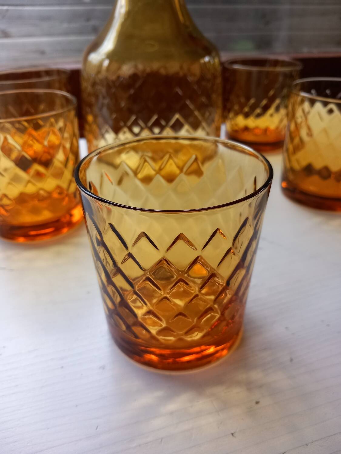 Carafe + 5 glasses, amber glass