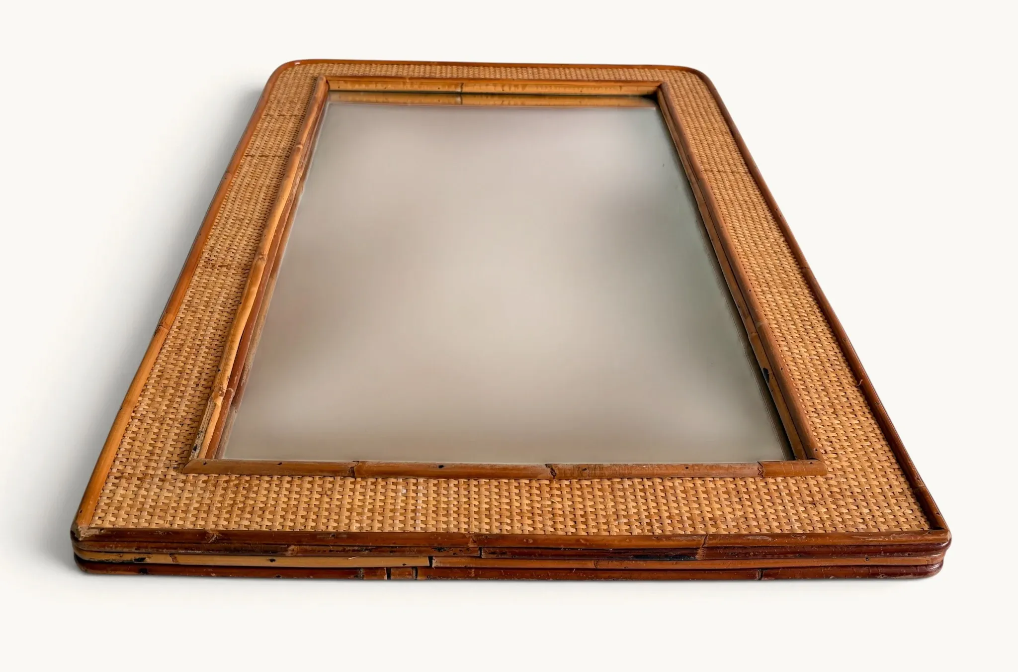 1970s Mid-Century Rattan and Pencil Reed Large Mirror, Spain