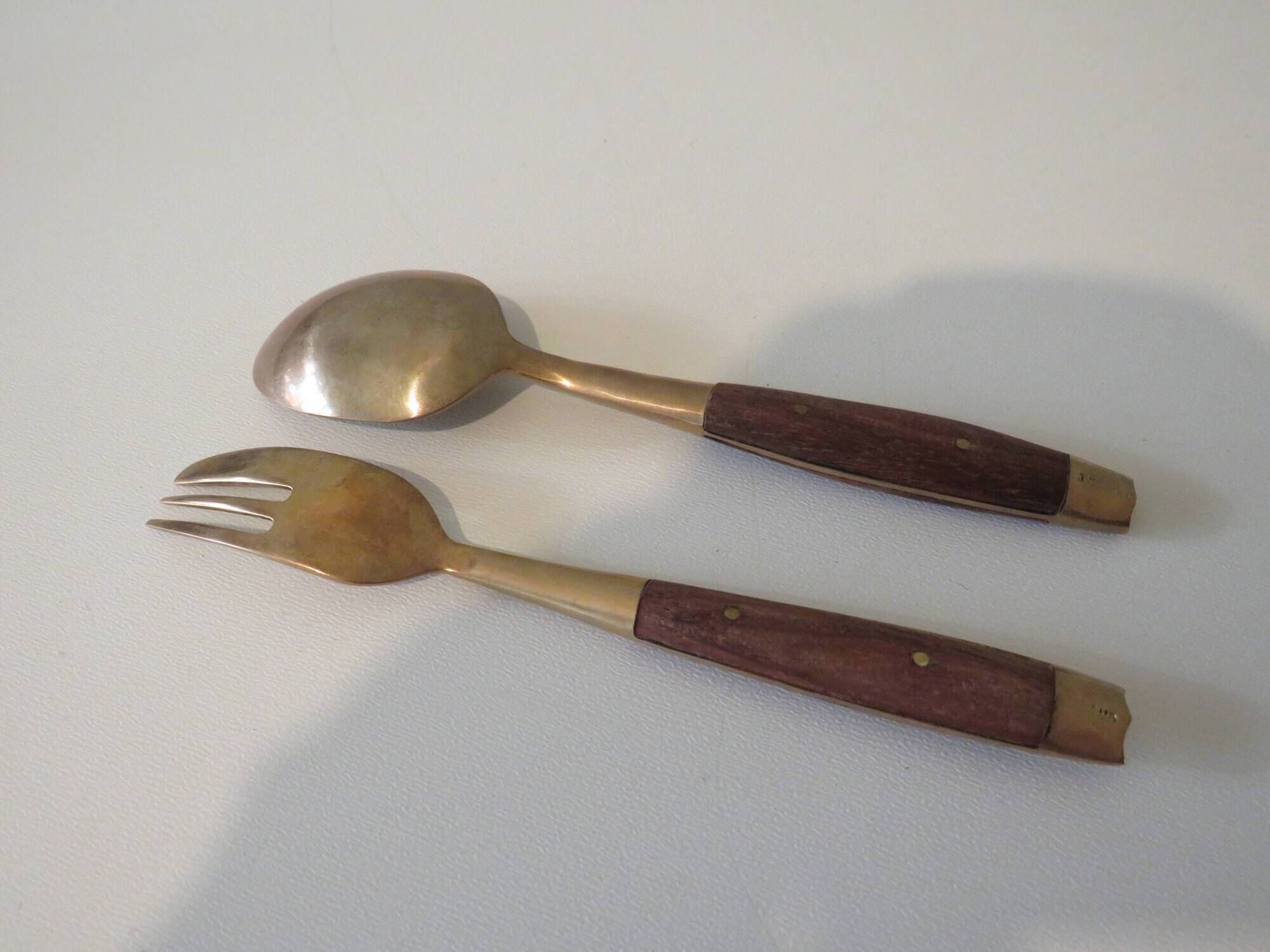 Vintage teak and brass housewife, dessert spoons and forks