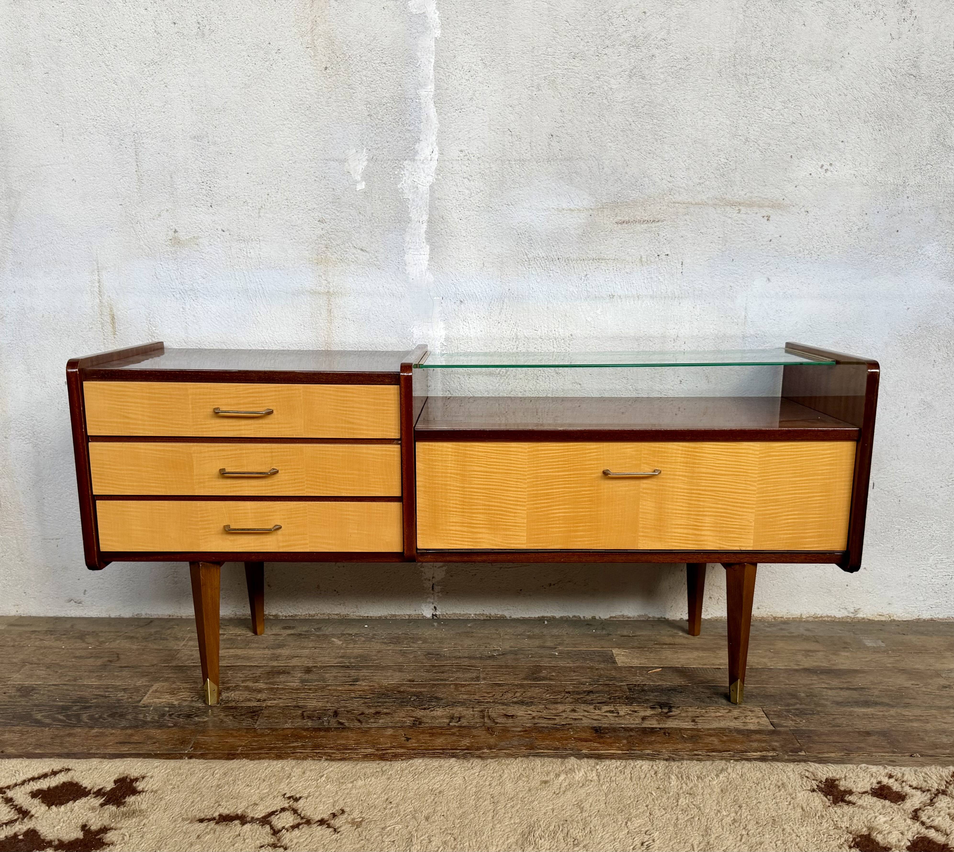 Enfilade vintage bicolore – Plateau en verre – Design rétro chic