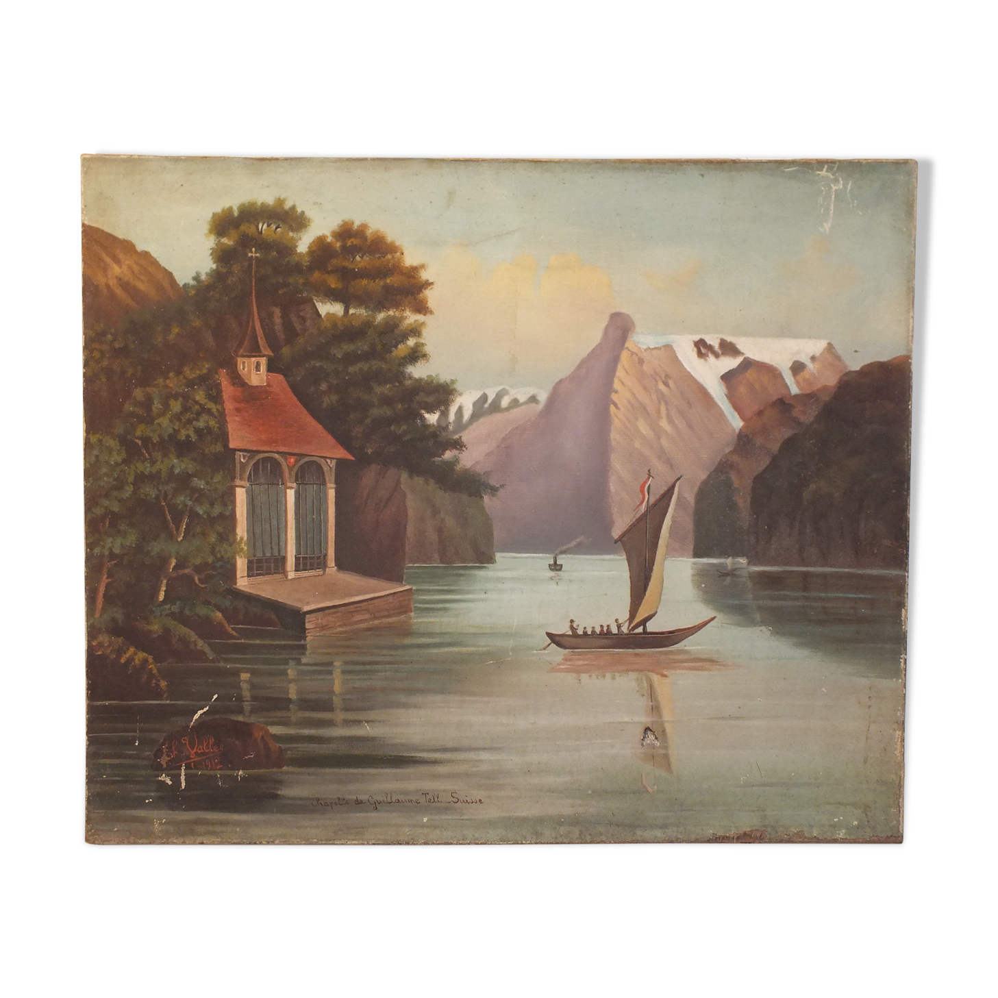 Peinture huile s toile Suisse Chapelle de Guillaume Tell - signée Vallée 1912
