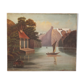 Oil painting s/ canvas - Switzerland Chapel of Guillaume Tell - signed Vallée 1912