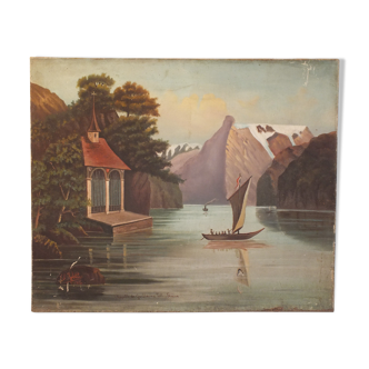 Peinture huile s toile Suisse Chapelle de Guillaume Tell - signée Vallée 1912