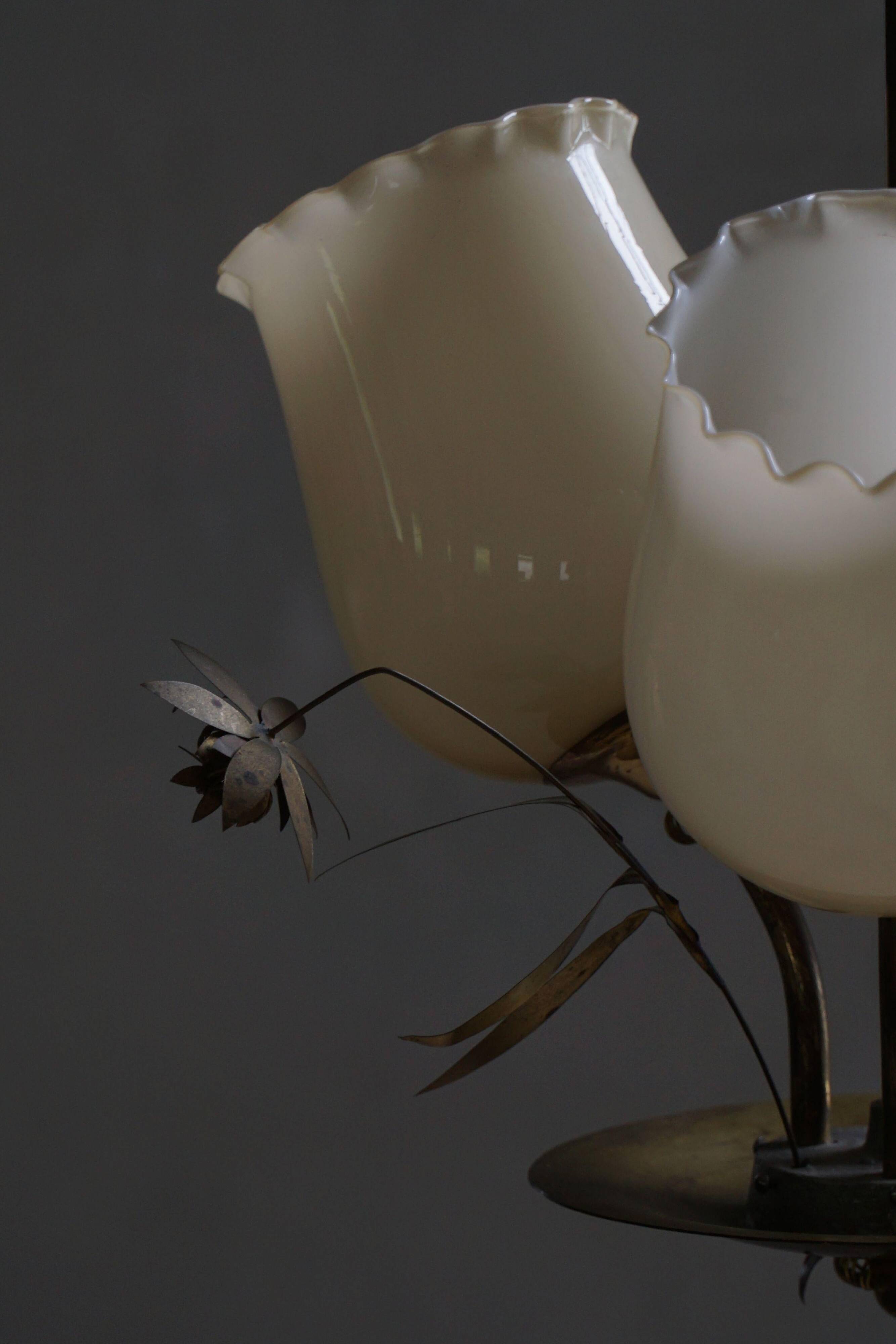 Mid-century glass and brass chandelier, model 501-3 by Stockmann, Finland, 1940s.