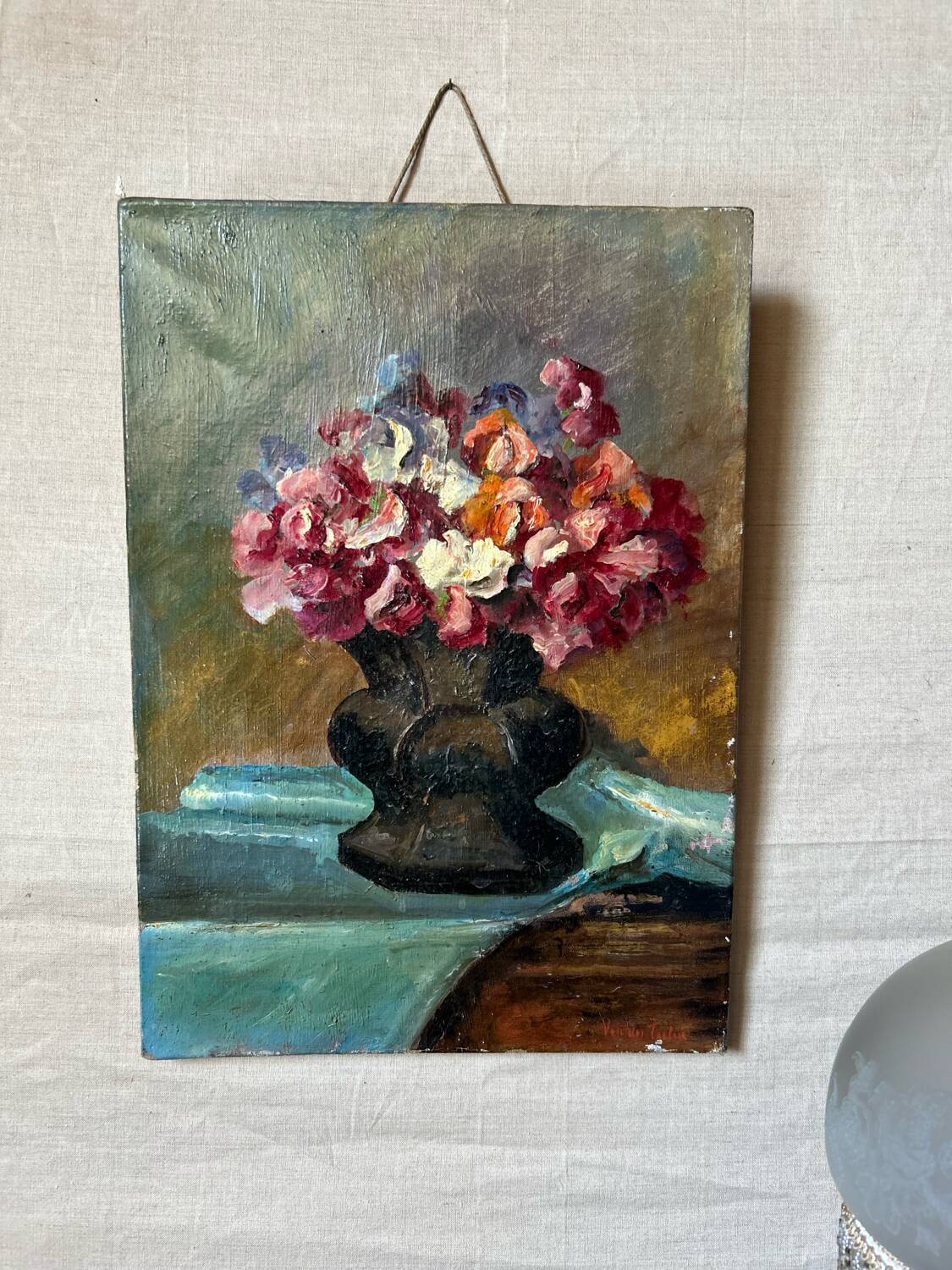 Old table still life with flowers oil painting