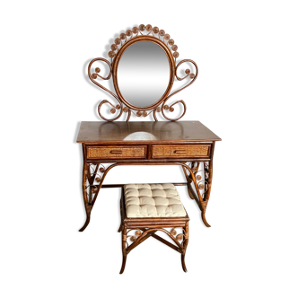 Vintage rattan dressing table with mirror and stool 1970