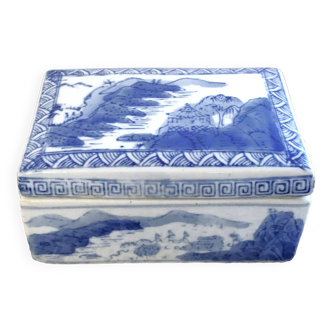 China porcelain box landscape hand painted blue lilac vintage