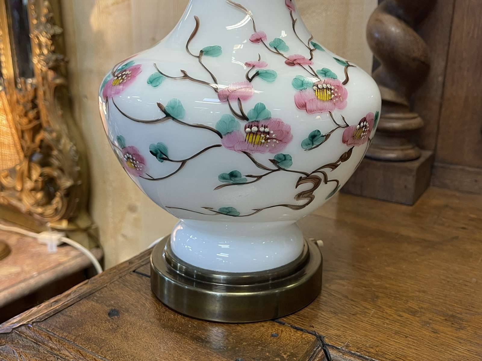 Napoleon III lamp in white opaline and painted with floral decoration - late 19th century