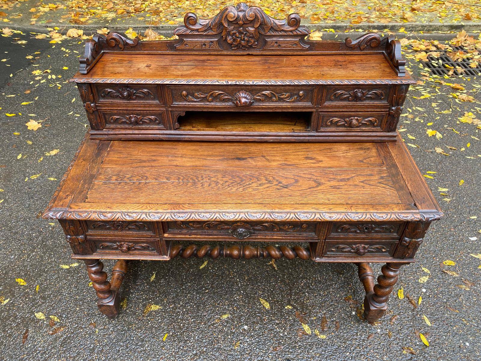 19th-century Renaissance carved oak desk with chair