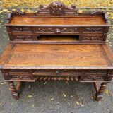 19th-century Renaissance carved oak desk with chair