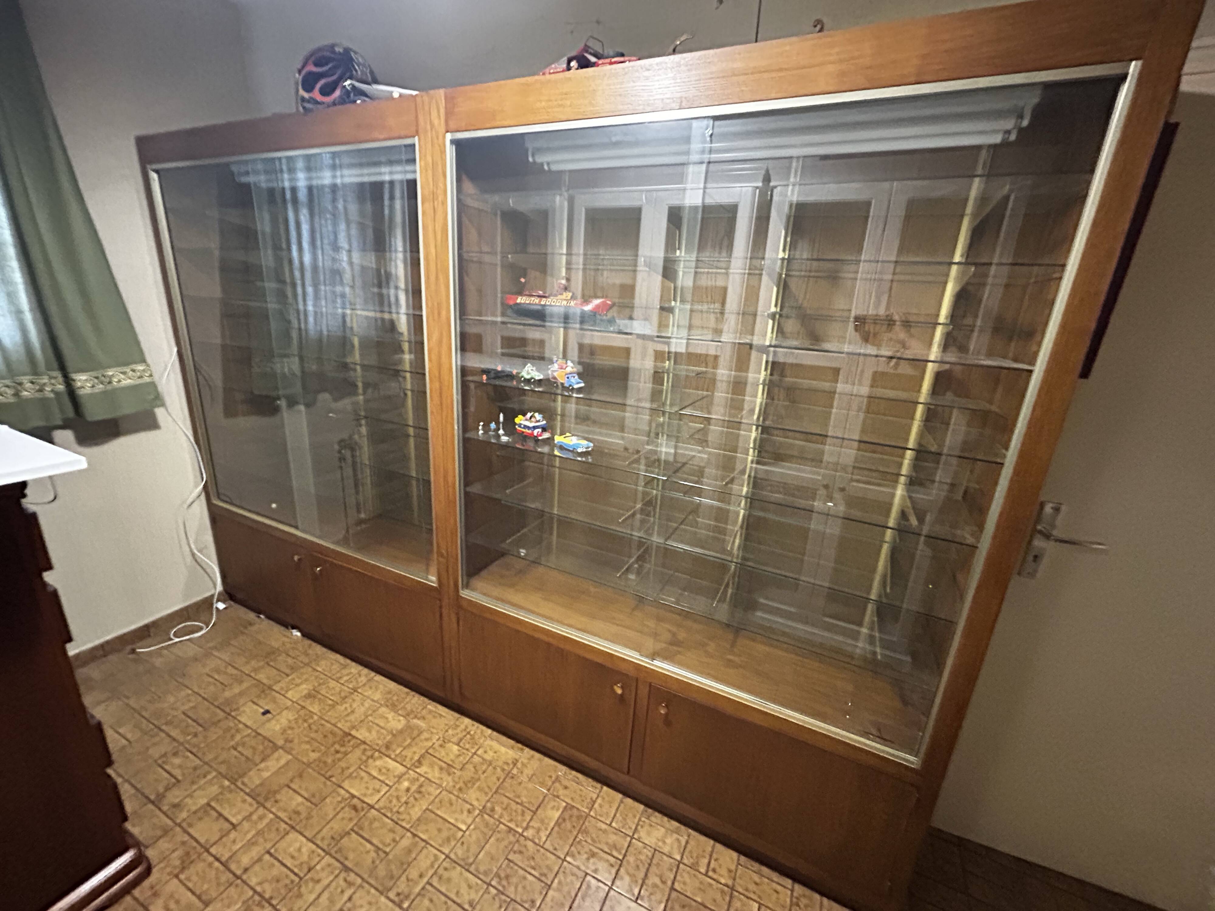 Set of 2 large vintage wooden and glass display cabinets – integrated lighting