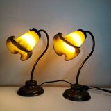 Pair of tulip swan neck bedside lamps in glass paste