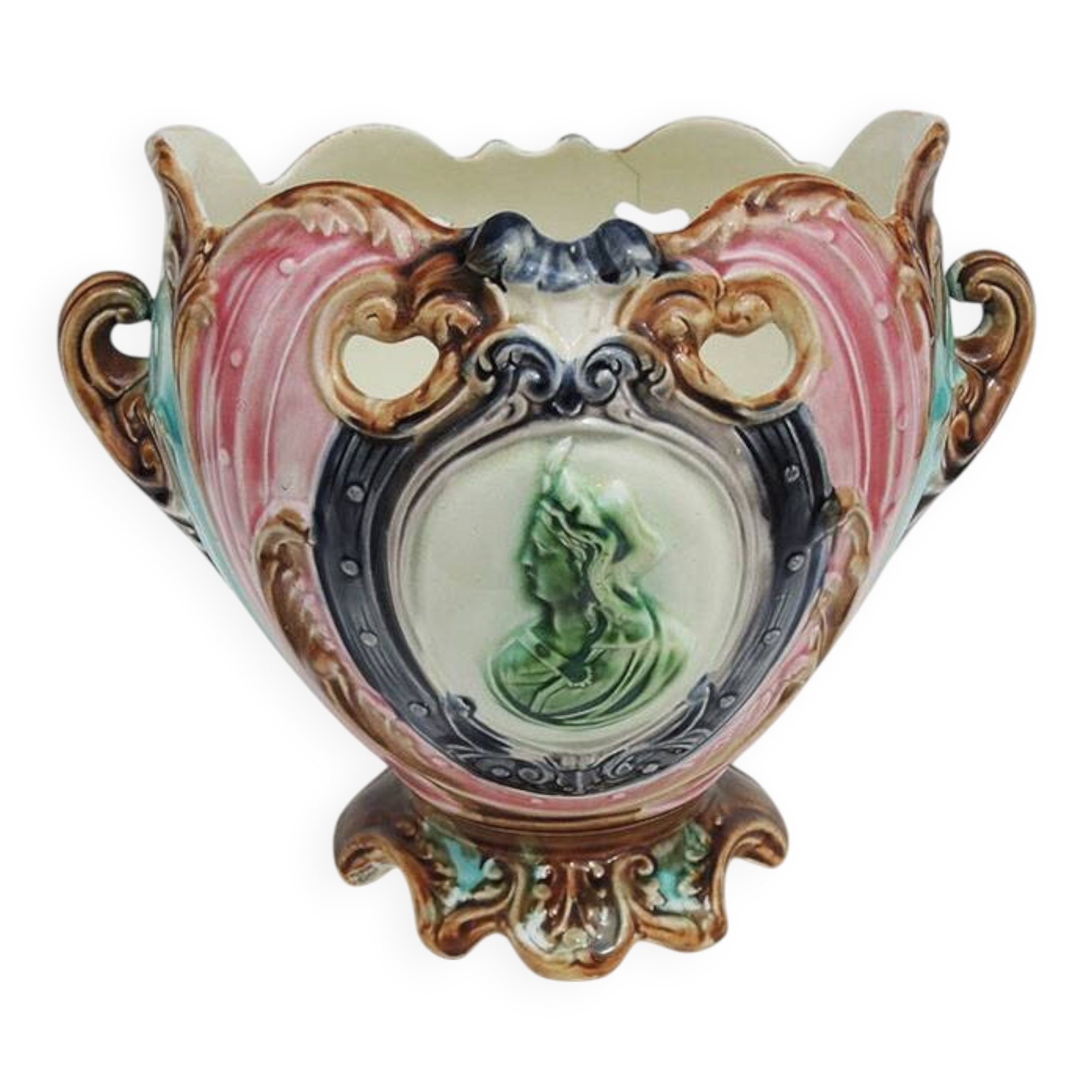Ancien cache-pot en barbotine médaillon de style art nouveau