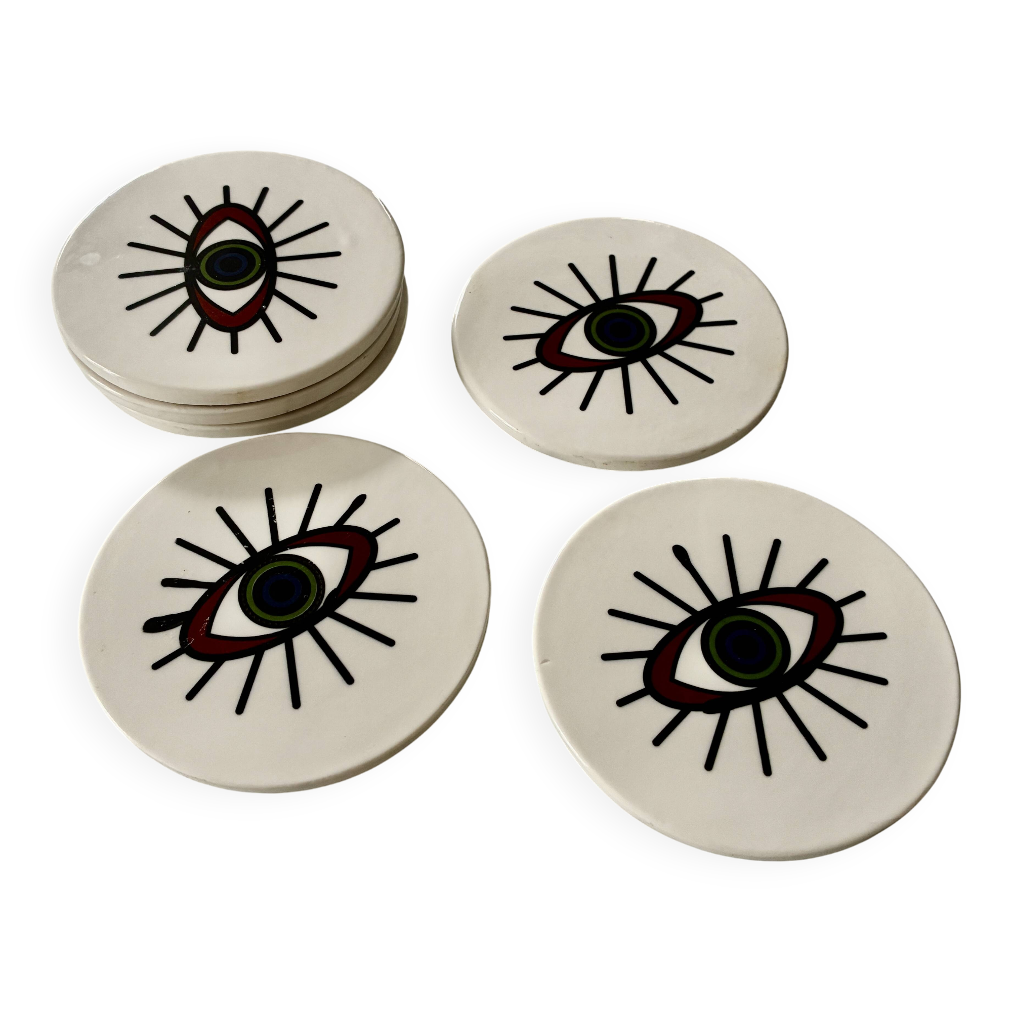 Lot of 6 ethnic ceramic coasters with eye design.