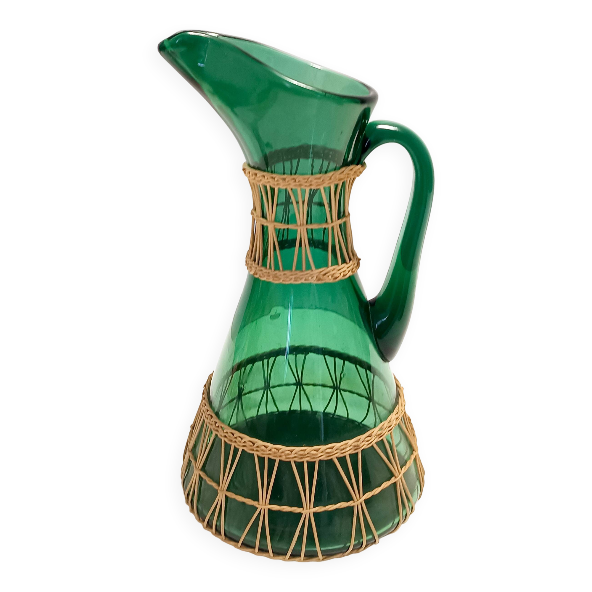 Green Hand Blown Glass and Wicker Jug / Vase, Empoli, Italy