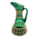 Pichet/vase vert en verre soufflé à la main et osier, Empoli, Italie