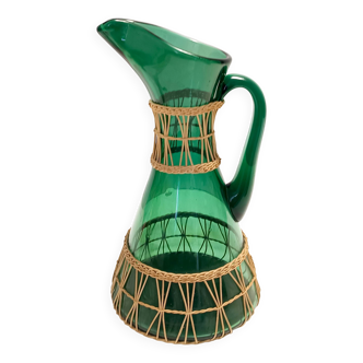 Green Hand Blown Glass and Wicker Jug / Vase, Empoli, Italy