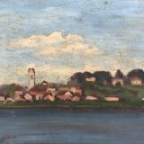 Village on the river, oil on wood early 20th century, signature for identification