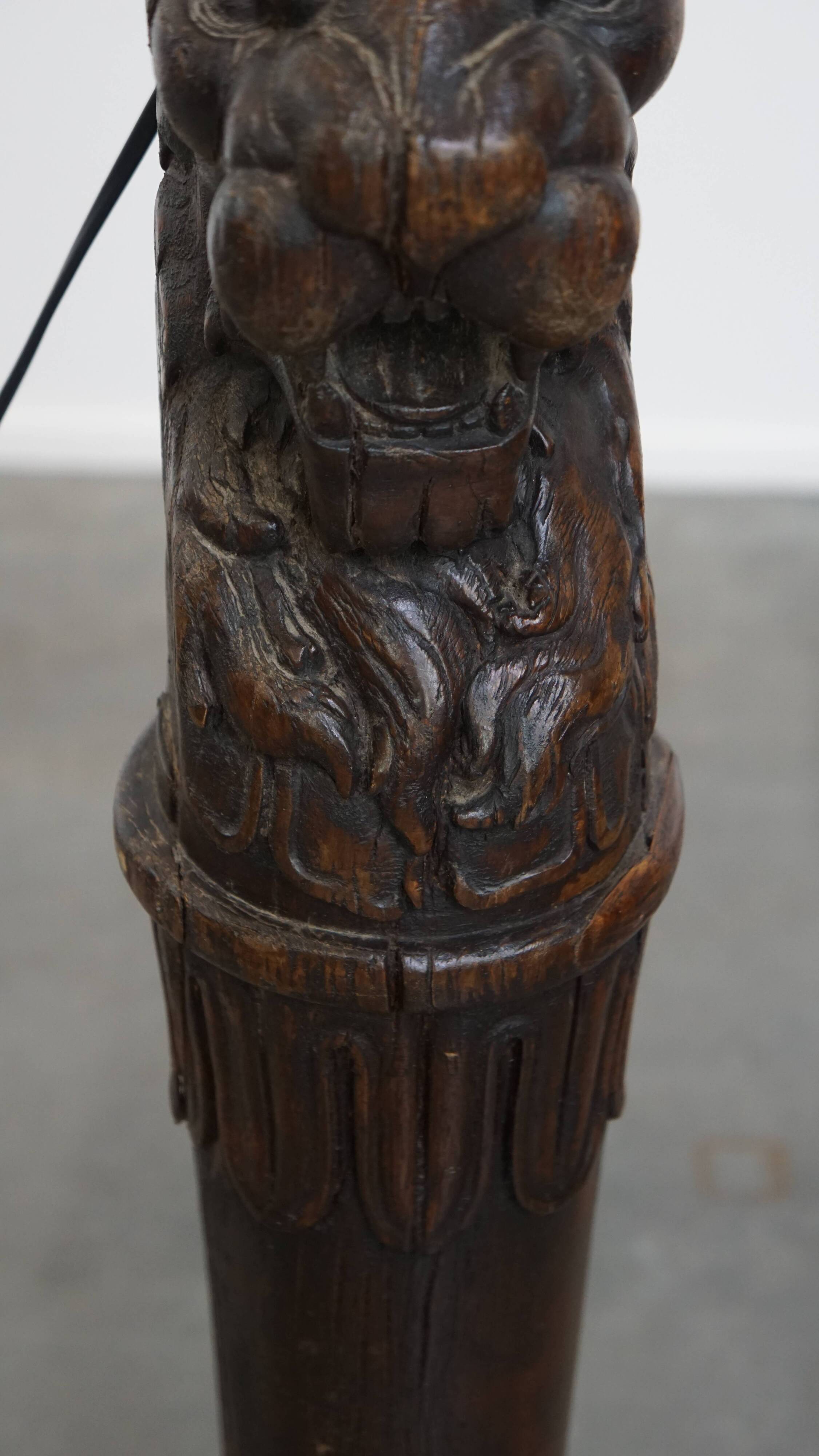 Hand-Carved Antique Wooden Floor Lamp with Lion Head