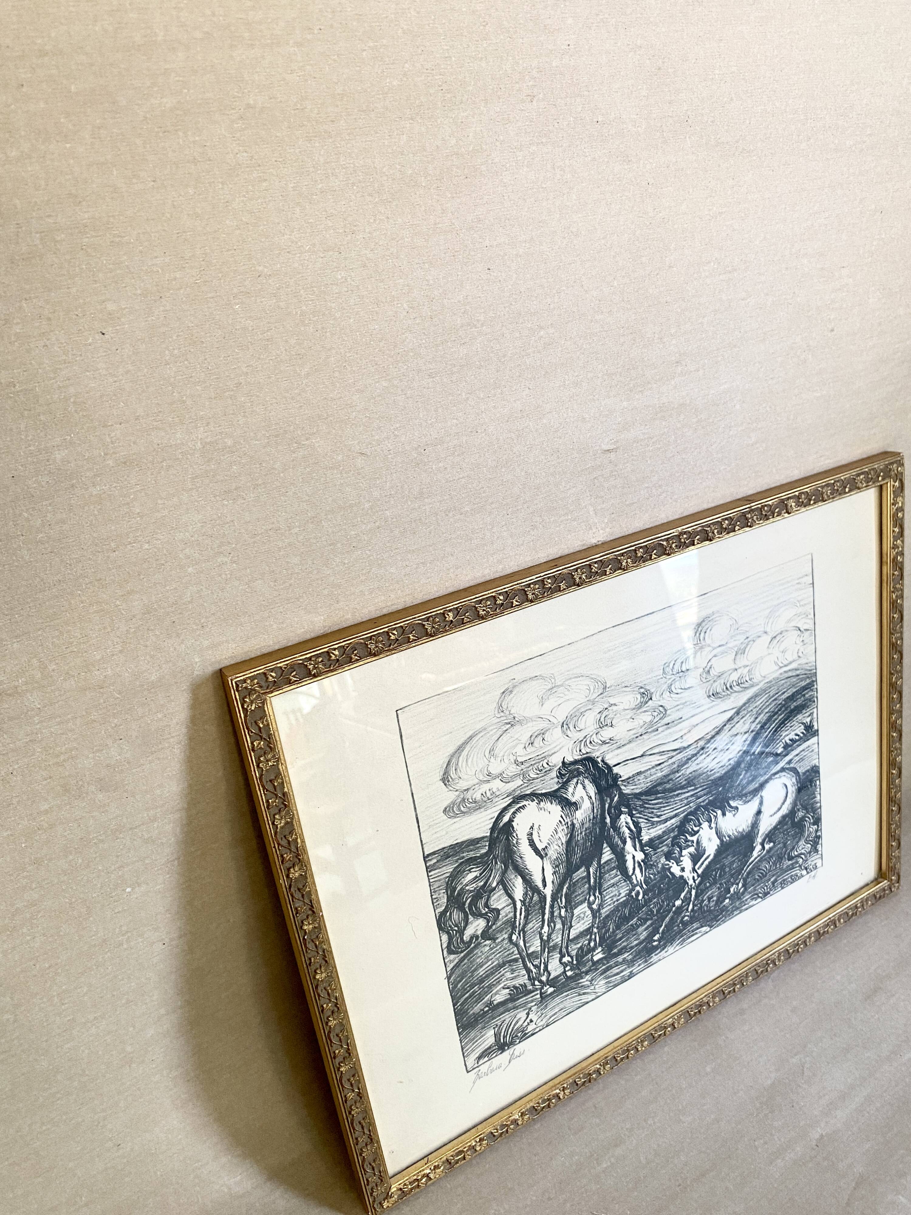 Horse engraving, 1950s, carved wooden frame with glass