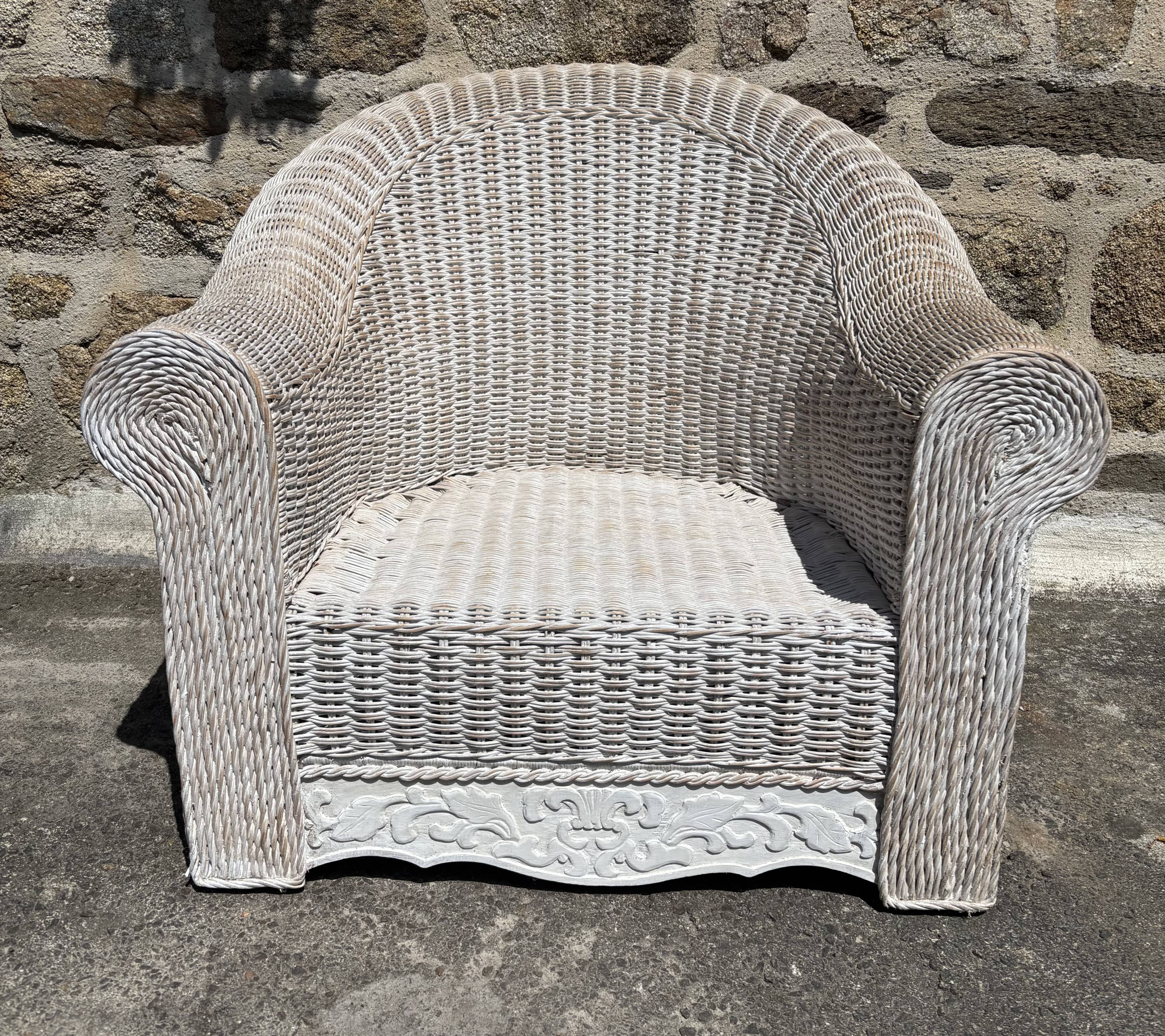 Large painted wicker armchair, 20th century, winter garden