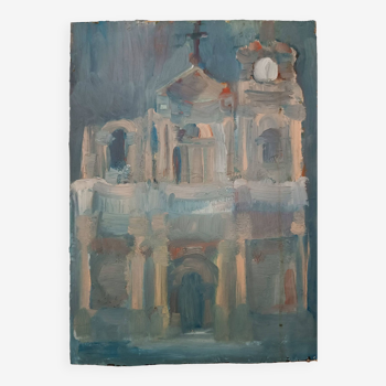 Peinture à l'huile sur toile cartonnée des années 1950, église