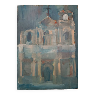 Peinture à l'huile sur toile cartonnée des années 1950, église