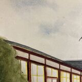 Watercolor landscape with parasols