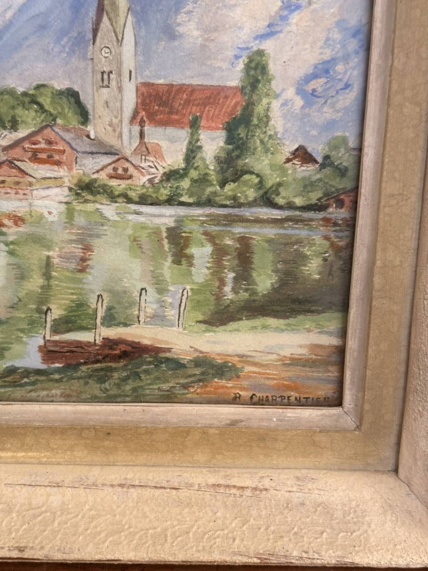 Watercolour Painting of a Village by the Lake Charpentier Mountain