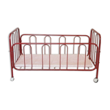 Vintage doll bed large model in red lacquered metal and matching mattress